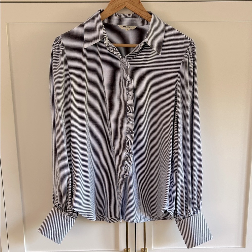 Max Studio Striped Blue White Ruffles Soft Puffy Sleeves Button Down Size M